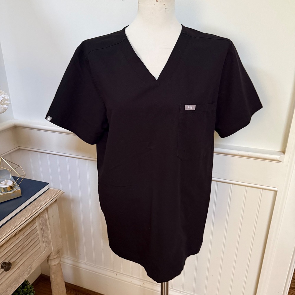 FIGS Technical Collection Black V-Neck Scrub Top Womens Medium Short Sleeve